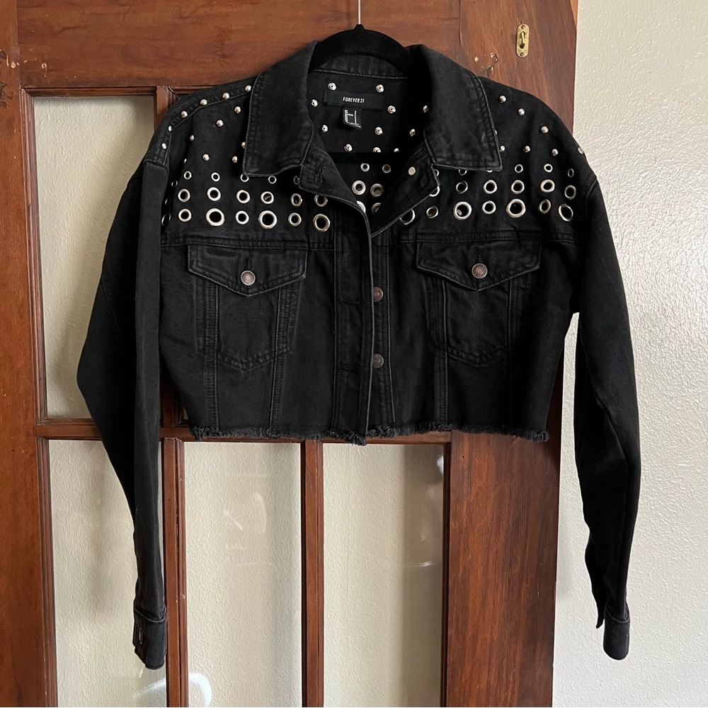 Forever 21 Black Denim Jacket with Silver Accents (S)